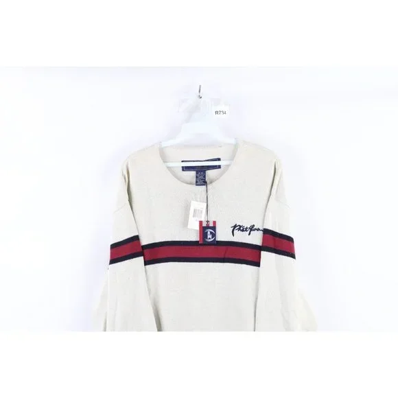 NOS Vtg Phat Farm Mens XL Striped Spell Out Script Marled Knit Sweater Cream